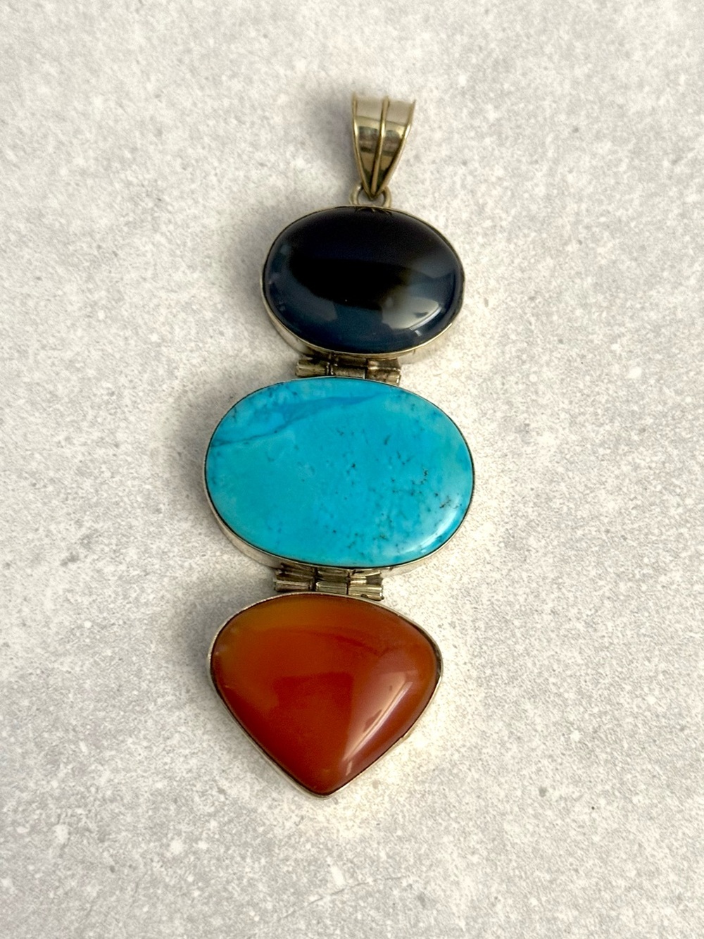 Pendant Necklace with Black Agate, Turquoise & Carnelian Agate - Tibetan Silver